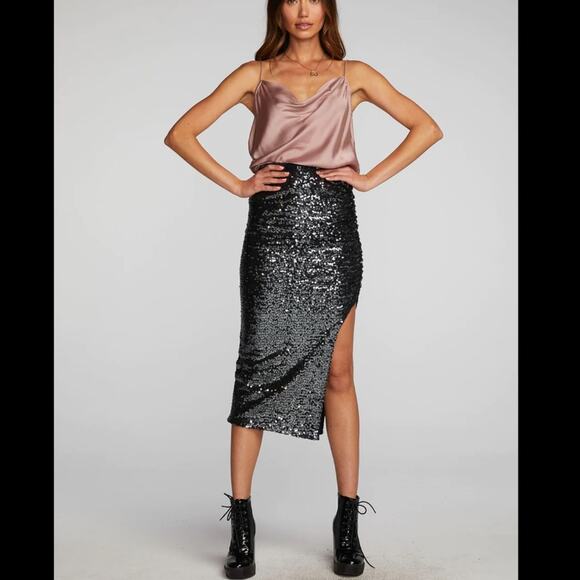 New Chaser sequin skirt midi stretch black side slit ruched Swiftie party goth - Picture 1 of 16